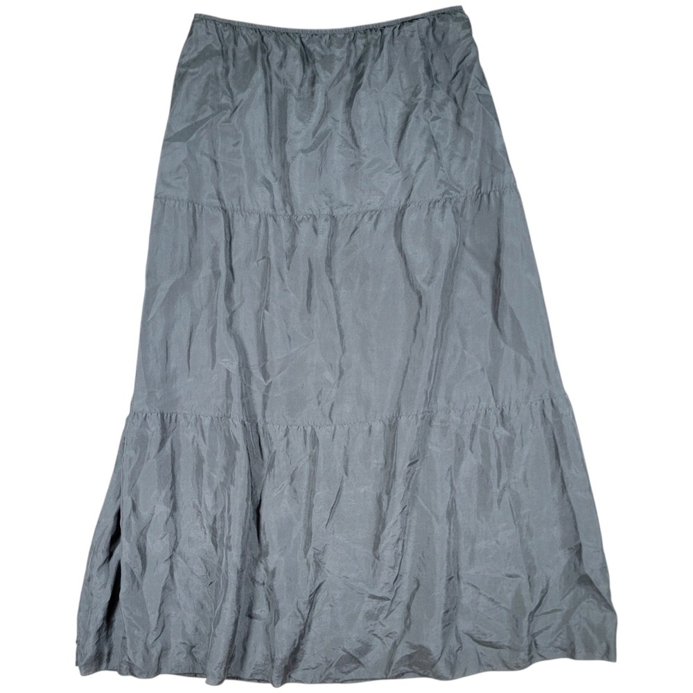 Eileen Fisher Silk Maxi Skirt Womens S Gray Sateen Tiered Long Minimalist Luxe